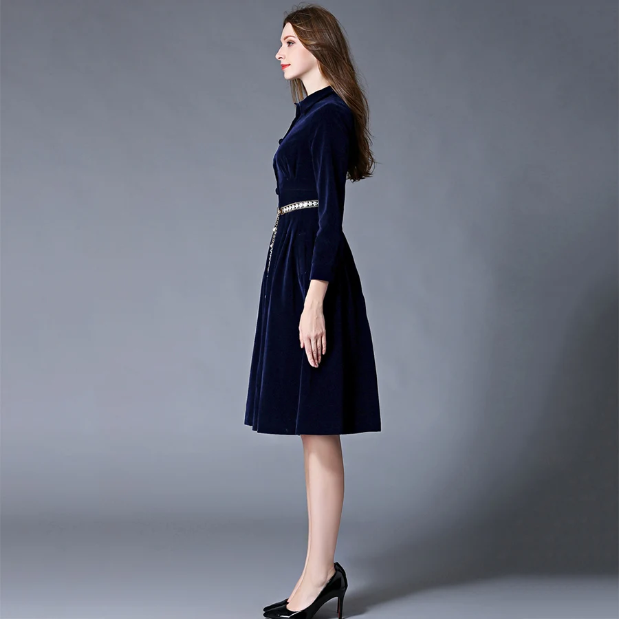 Осенне зимнее платье 2017 новое модное женское однобортное бархатное с длинным