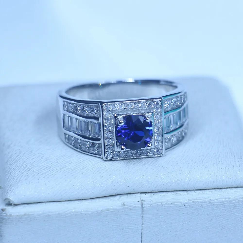 Настоящее Soild 925 пробы серебряные обручальные кольца для мужчин 1ct синий AAAAA
