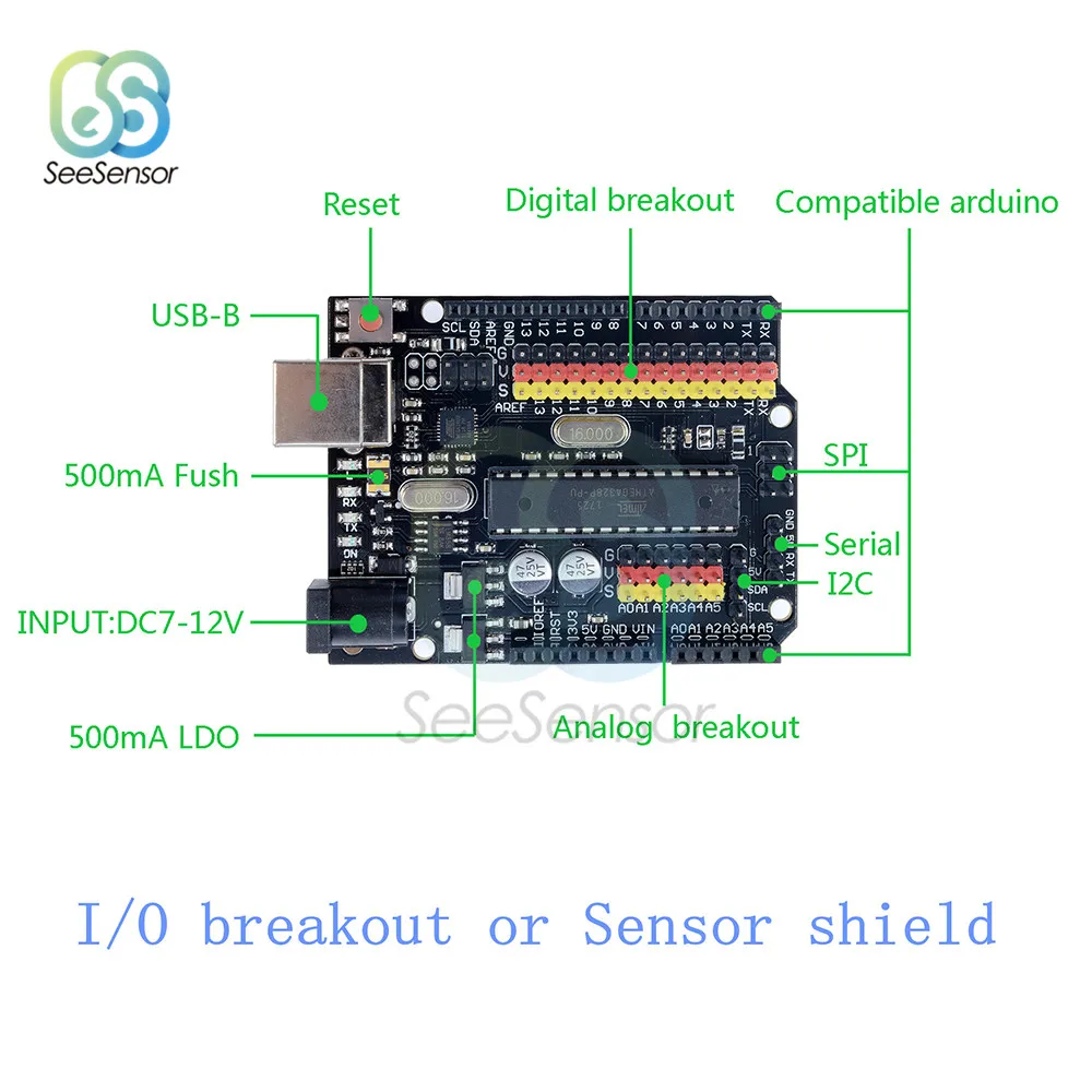 Для Arduino UNO R3 PLUS Sensor I/O Shield Atmega328P Atmega16U2 многофункциональная макетная плата