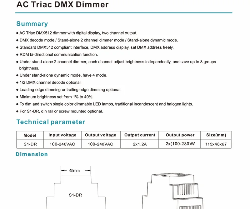 S1-DR AC100V-240V din-рейку 2 канала 2CH AC Triac DMX диммер, двухканальный выход кремния DMX512 светодиодный контроллер