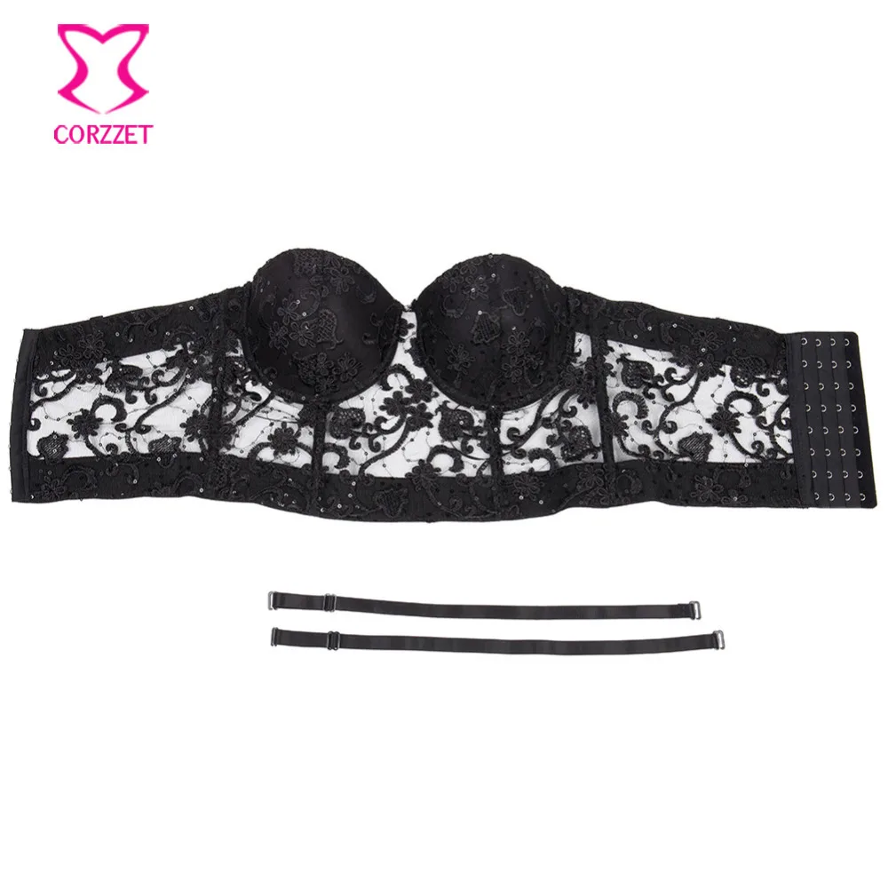 Черный бюстгальтер без бретелек с цветочной вышивкой расшитый блестками пуш-ап