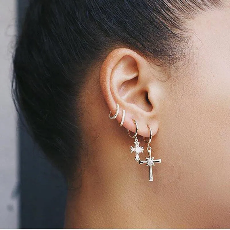 4pcs/set Fashion Rhinestone Cross Earrings Set For Women Bohemia Gold Silver Color Hoop Earring Ear Drop Jewelry E1583 | Украшения и
