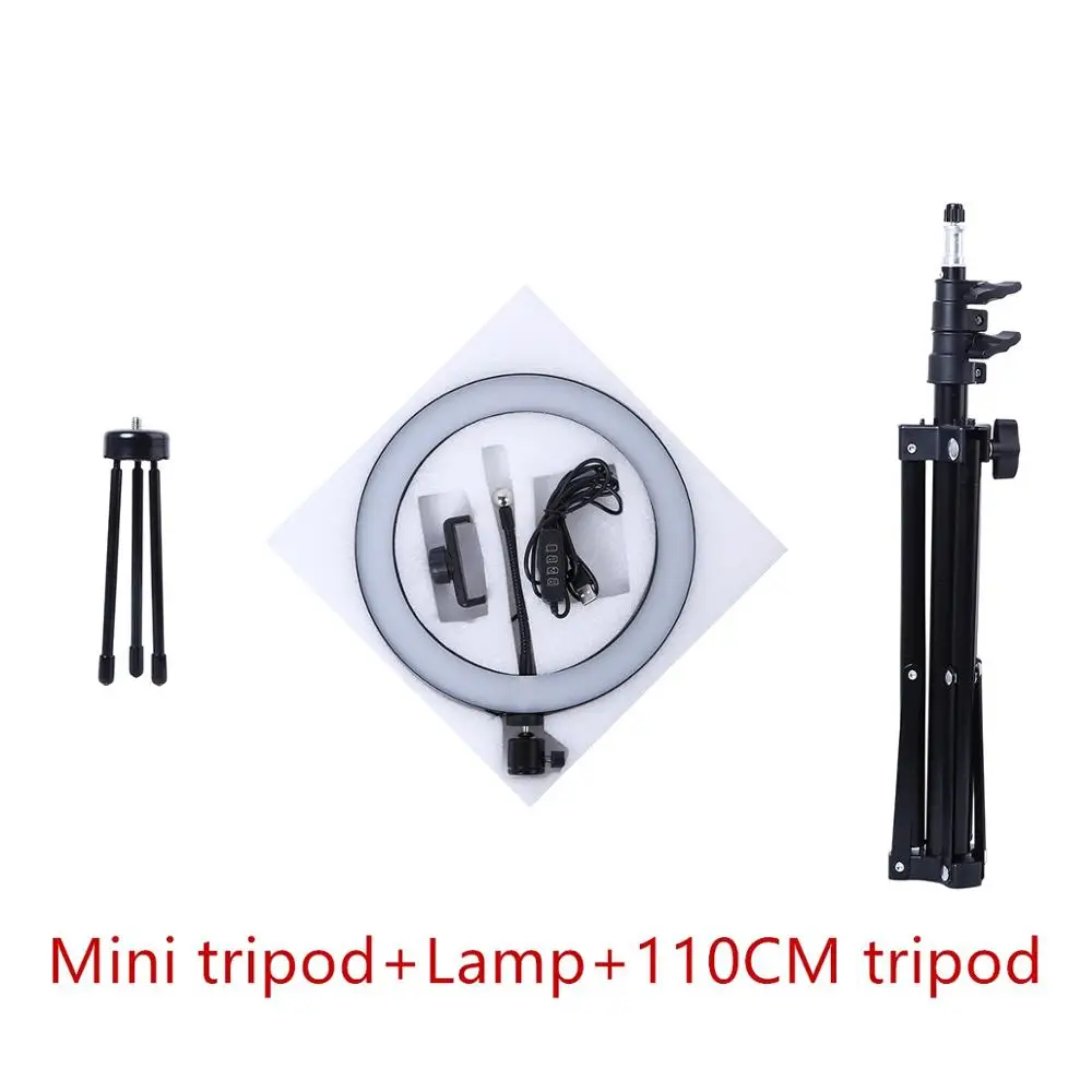 Include 110cm tripod Светодиодный кольцевой светильник для селфи для фотосъемки, 10 дюймов, Металлическая лампа с регулируемой яркостью для камеры, телефона, с подставкой, штативы для макияжа, видео в живую студию - Цвет: Include 110cm tripod