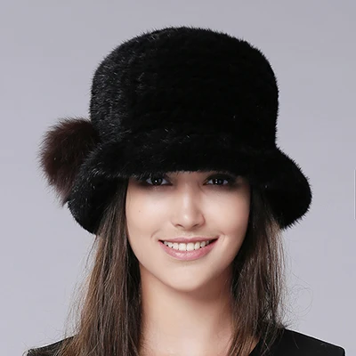 FURTALK Роскошные Трикотажные норки шляпа Fedora Ковша hat зимние меховые шапки для женщин - Цвет: Brown Pom Pom