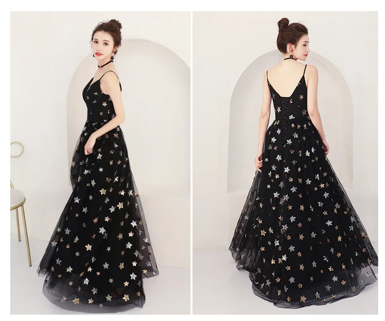 Женское вечернее платье на тонких бретельках черное элегантное с вышивкой в виде