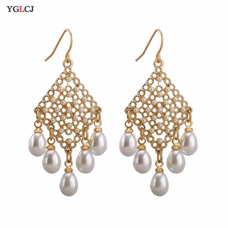 

Korean Version Of The Simple Temperament Gold Tassel Ladies Earrings Imitation Pearl Long Earrings Bohemian Women'S Ear Clips