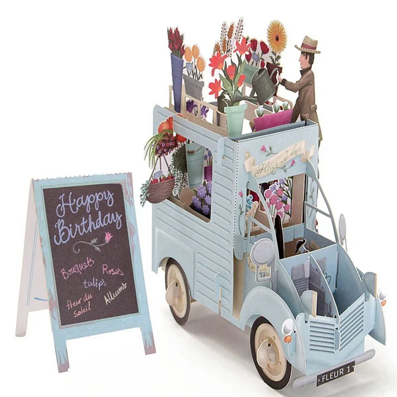 

3D Pop Up Colourful Flower Car Greeting Card Birthday Card Laser Cutting Envelope Postcard Hollow Carved Handmade Kirigami Gifts