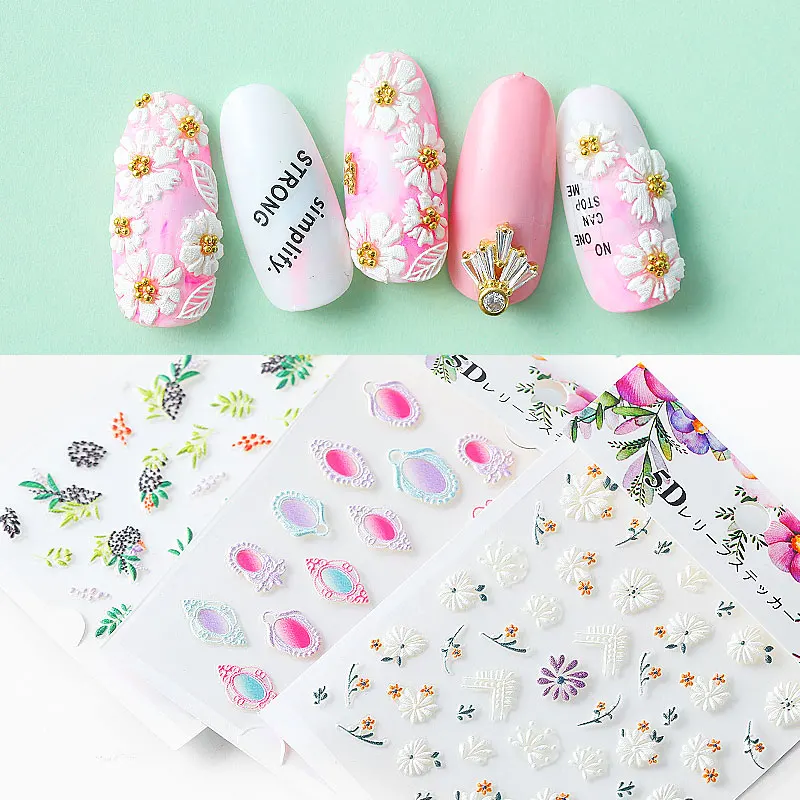5D акриловая гравированная наклейка с цветком для ногтей тисненые цветы Водные