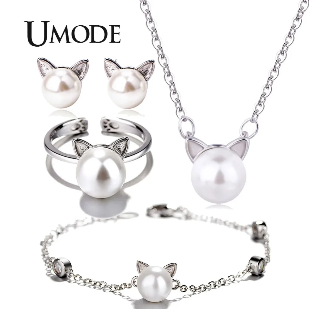 Ювелирные изделия UMODE с белым жемчугом и кошачьими ушками комплекты из белого