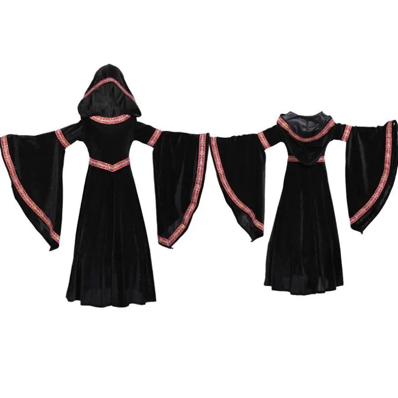 

Halloween Kids Girls Cosplay Costume Medieval Vintage Princess Queen Dress Hooded Robe Gown Flare Sleeves Vampire Outfit Y712