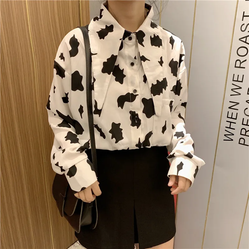 Белая уличная коровья печать Дизайнерский Модный бренд весна женские блузки