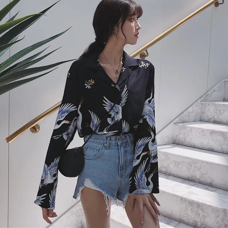 2019 Women Print Long sleeve Blouse Shirts V Neck Spring Fashion Female Top vadim shein blusas kimono harajuku befree modis | Женская