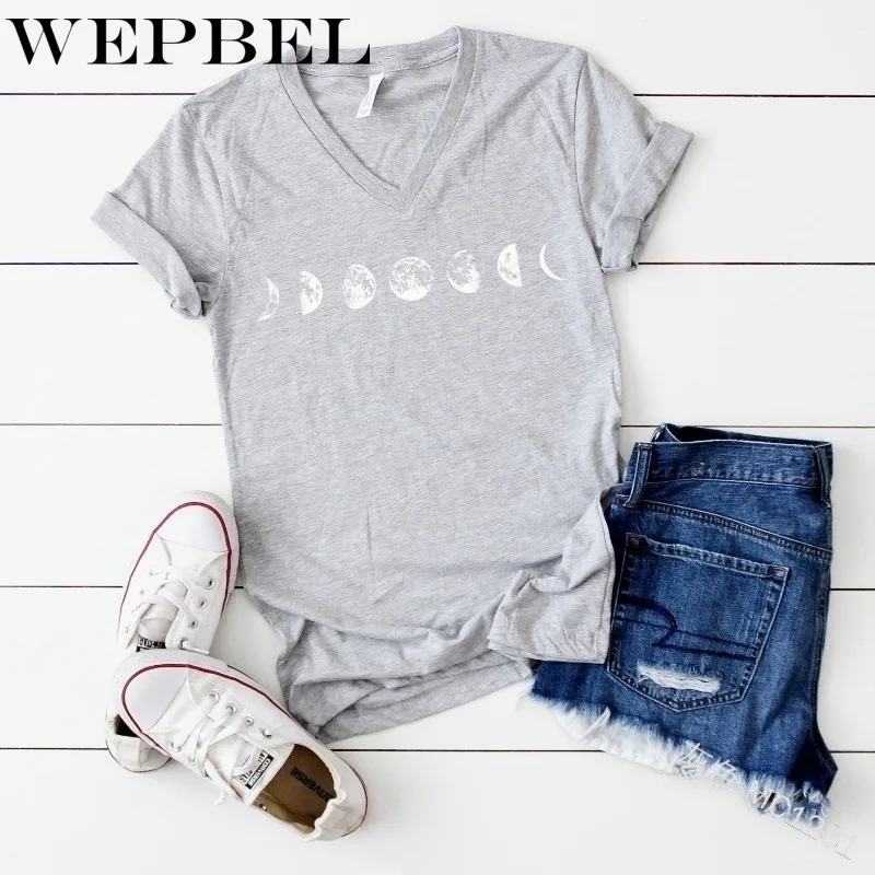 WEPBEL летняя модная футболка с принтом фаз Луны, Женская Повседневная футболка с коротким рукавом и v-образным вырезом