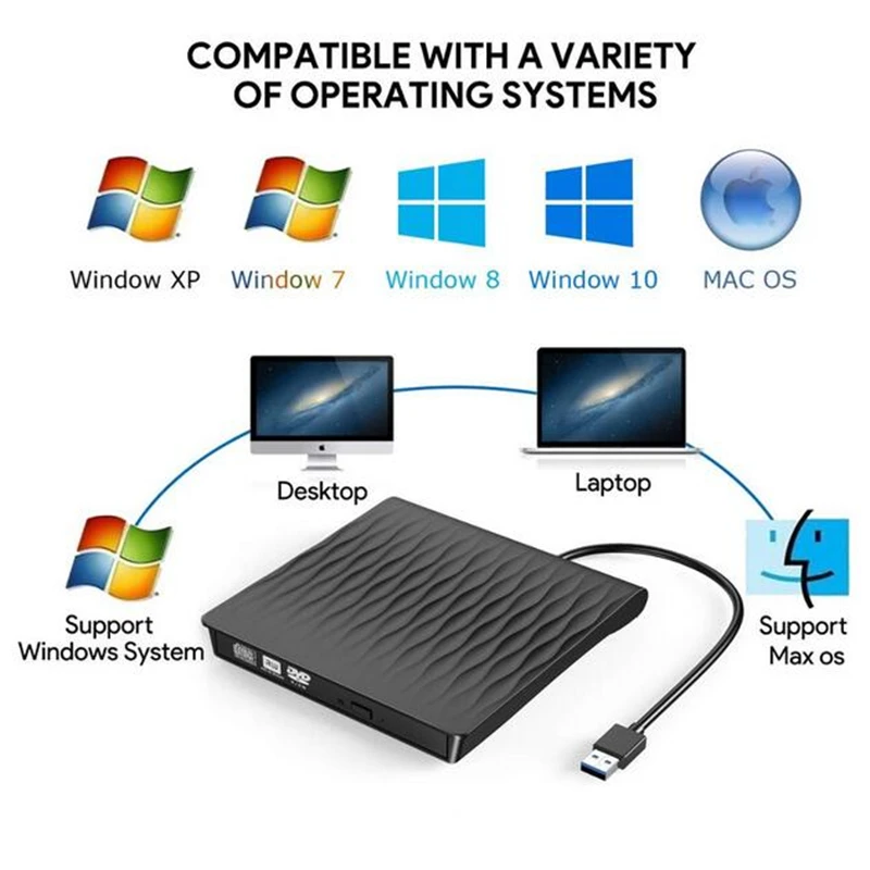 Внешний привод KuWFi для компакт дисков и DVD USB 3 0 Type C тонкий порт внешний прибор