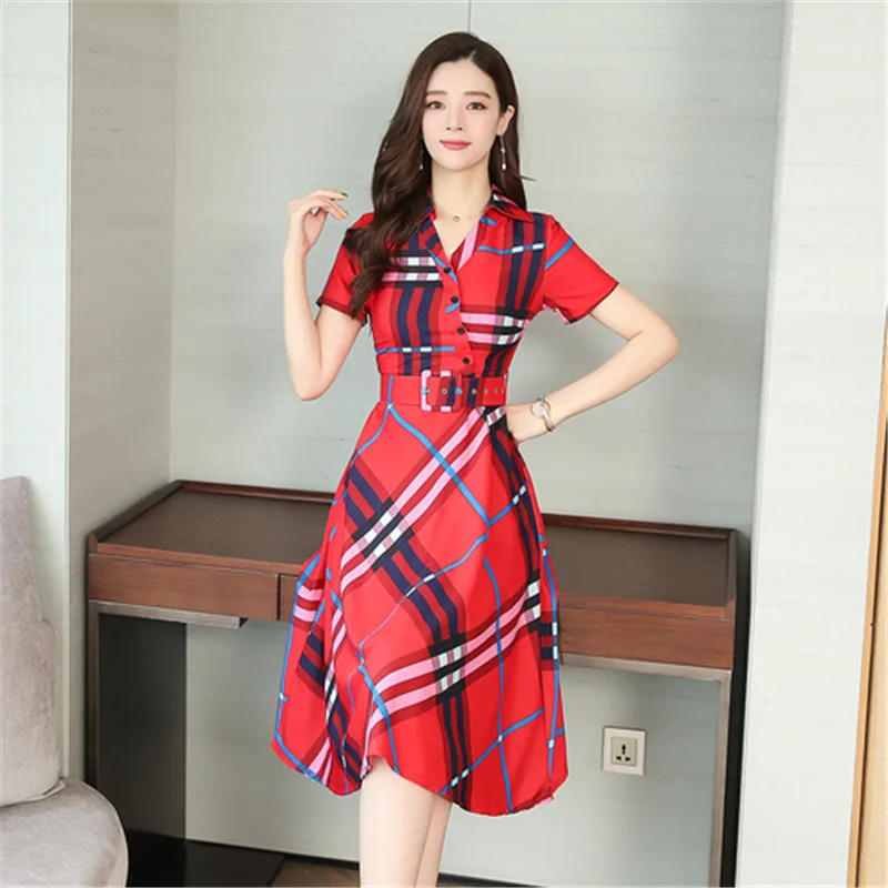 Red short sleeve Элегантное клетчатое платье с поясом для женщин, летнее Повседневное платье-рубашка, Женская повязка для одежды с поясом, Сетчатое платье с принтом, большие размеры - Цвет: Red short sleeve