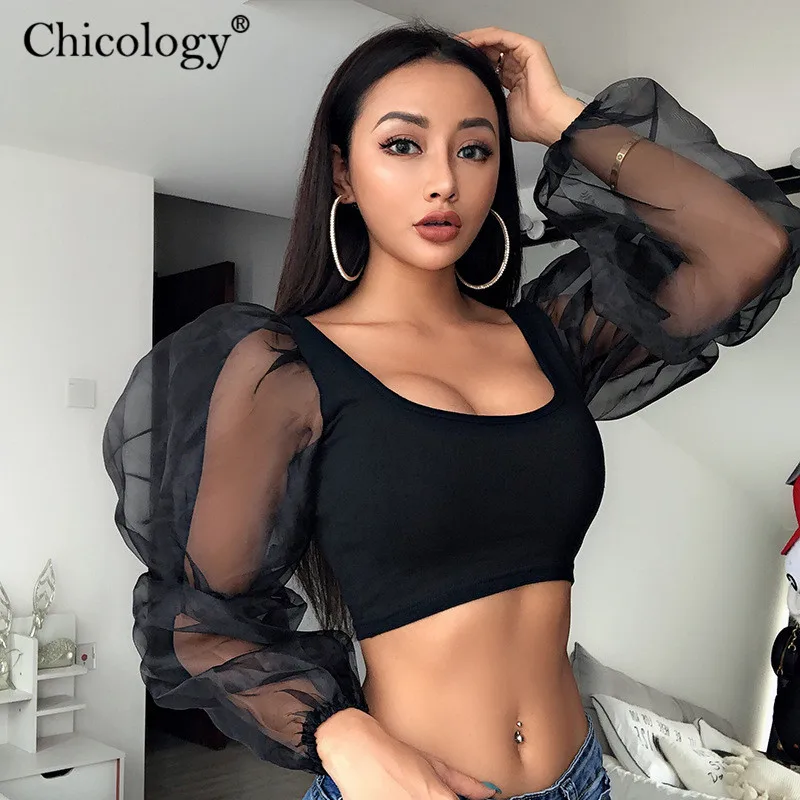 Женская сетчатая блузка Chicology укороченный Топ с длинным рукавом пикантная