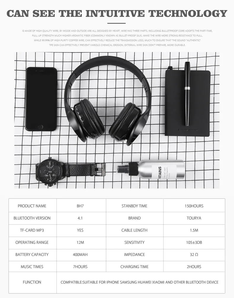 Tourya BH7 беспроводные наушники Bluetooth наушники светящаяся гарнитура с микрофоном светодиодный светильник Поддержка TF карты для ПК мобильного телефона xiaomi