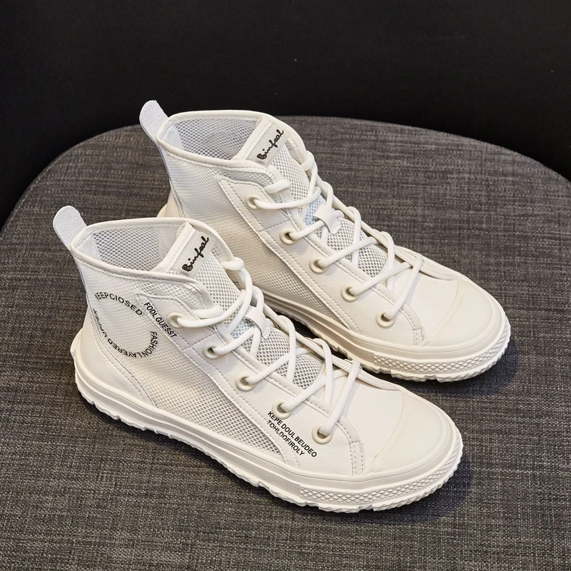 Летние модные высокие кроссовки Женская Повседневная парусиновая обувь Белые