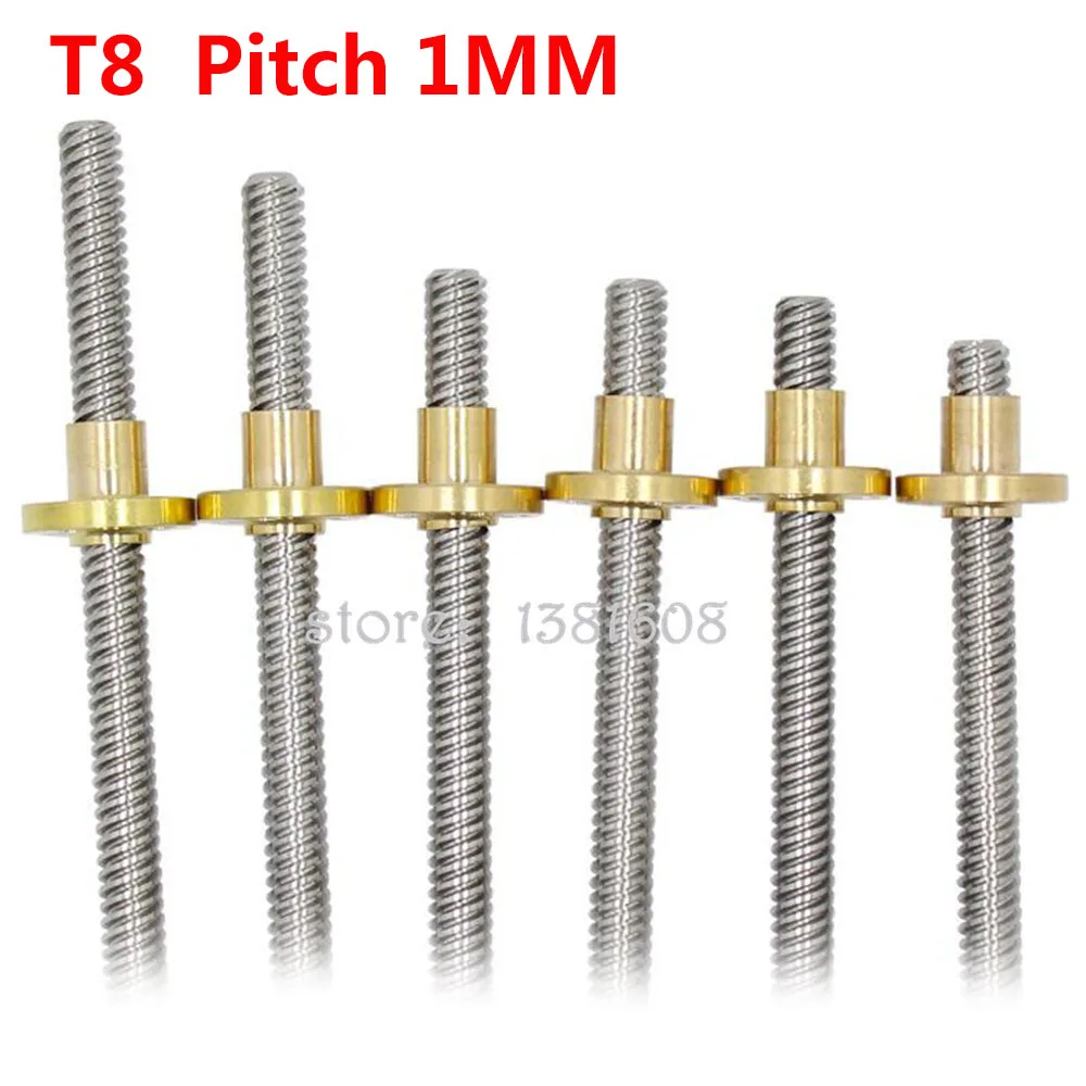 

1PC 304 Stainless Steel T8 Lead Screw Dia 8mm Pitch 1MM Lead 1MM Length 100-600mm with Brass copper Nut for 3D Printer & CNC