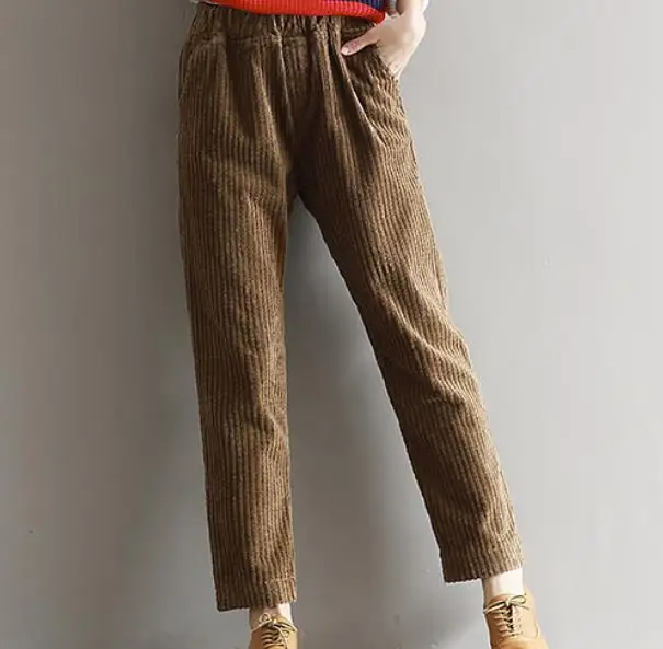 Брюки женские вельветовые с эластичным поясом прямые свободные винтажные