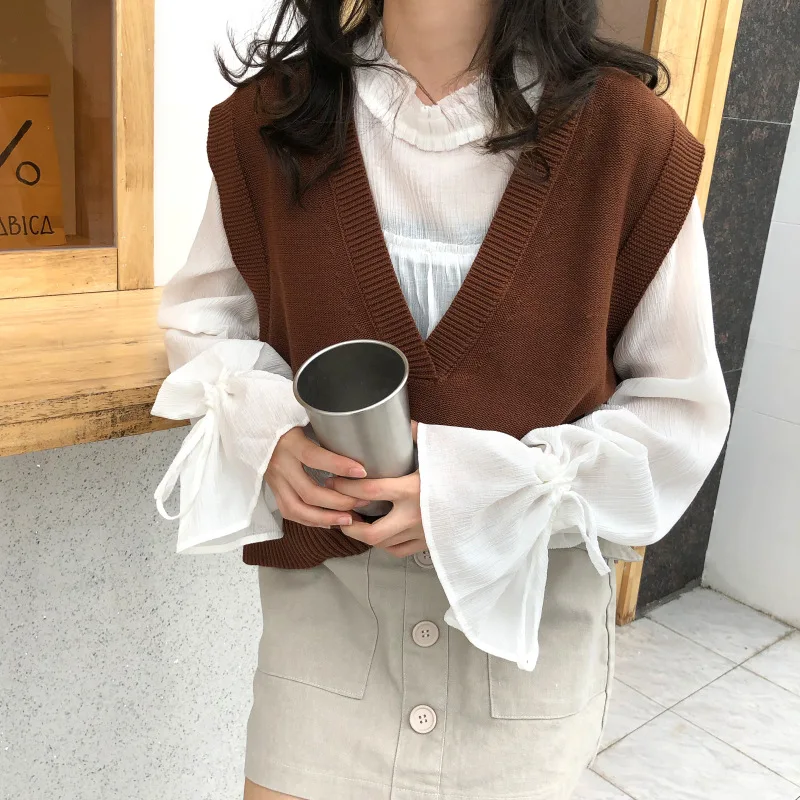 Корейский Ulzzang осенний Свободный жилет свитер Женский Повседневный однотонный пуловер Сплит с v-образным вырезом без рукавов Женский вязаный элегантный свитер