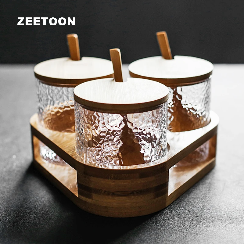 

Modern Seasoning Jar Glass/wood/ceramic Storage Jars Salt Chili Oil Cans with Spoon Base Kit Home Kitchen Accessories Tool Tanks