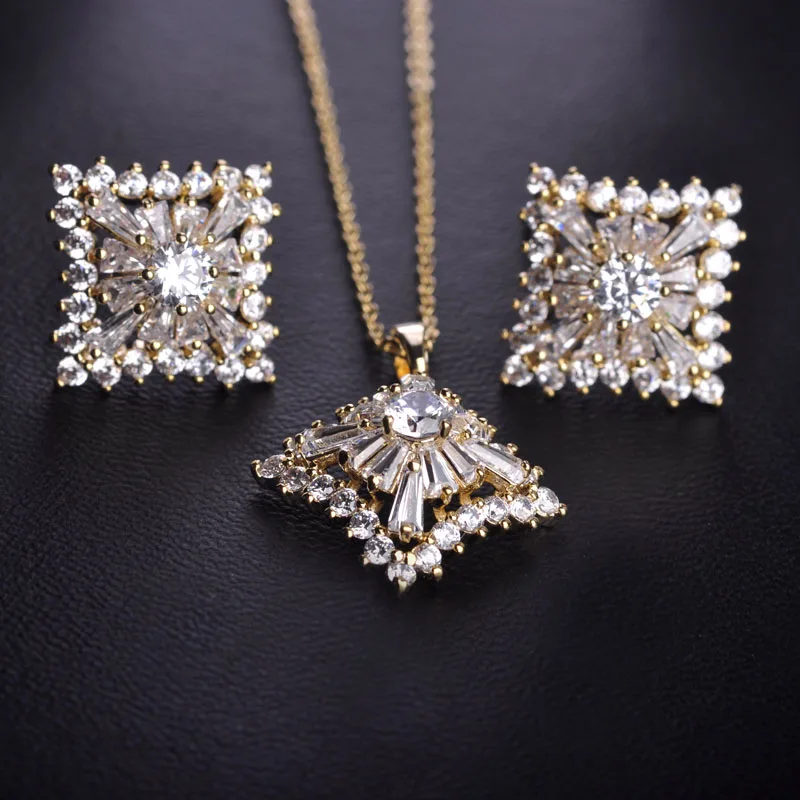 Роскошные Циркон Медный Квадрат Ювелирные Наборы Ожерелье и Серьги Женщины 18 К Oro