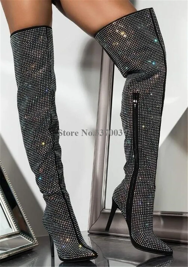 Шикарные Модные женские ботфорты с острым носком стразы на шпильке черные сапоги