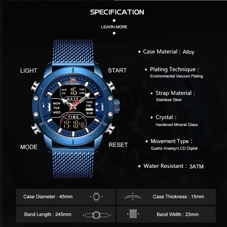 Naviforce Новинка 9153 Спортивные Цифровые мужские часы в стиле милитари лучший бренд роскошный стальной ремешок наручные часы Relogio Masculino montre homme