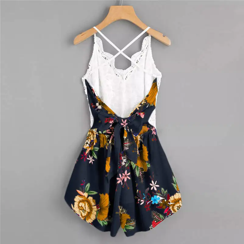 Женский комбинезон с бантом на спине кружевной цветочным рисунком однотонный 661R4