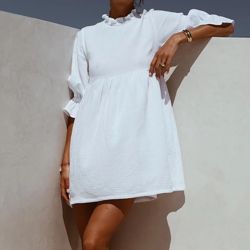 2019 Summer White Straight Party Dress Ladies Seven Sleeve Ruffles Stand Collar Elegant Mini New Fashion Women Sundress | Женская одежда