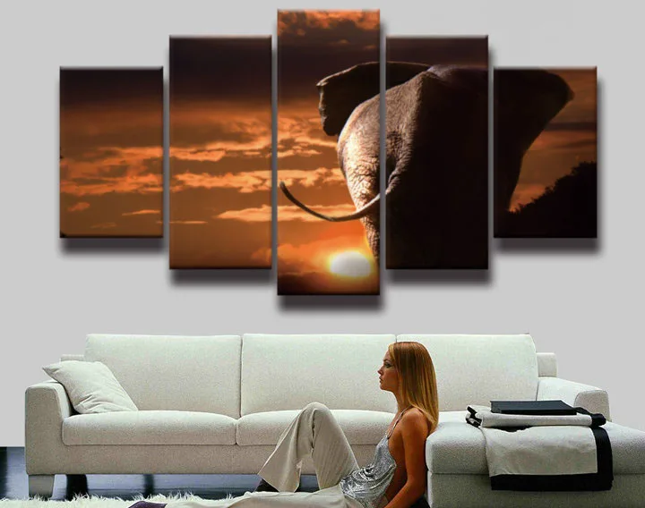 Картина на холсте с изображением африканского слона 5 панелей пейзаж заката