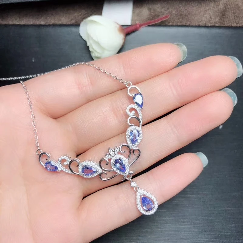 Натуральный голубой танзанит кулон ожерелье S925 серебро натуральная жемчужная цепочка Роскошные элегантные, с короной для женщин вечерние подарок ювелирные изделия