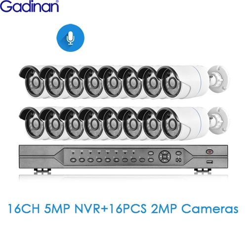 16PCS 2MP Cameras Gadinan H.265 ip-камера наблюдения 16CH POE Система 5MP 335E 4MP 2MP Водонепроницаемая камера s комплект аудио P2P сигнализация видео комплект - Цвет: 16PCS 2MP Cameras