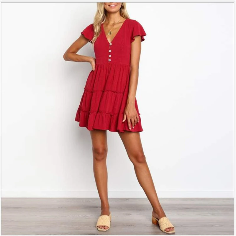 Женское платье с V образным вырезом коротким рукавом и пуговицами|Женские платья|