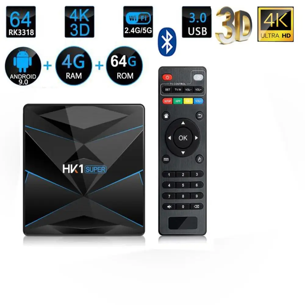 ТВ приставка HK1 Super Android 9 0 RK3318 2G/16G 4 ГБ 32 64 128 2 4G/5G Dual WiFi BT4.0 4K H.265 media 10 шт.|ТВ-приставки
