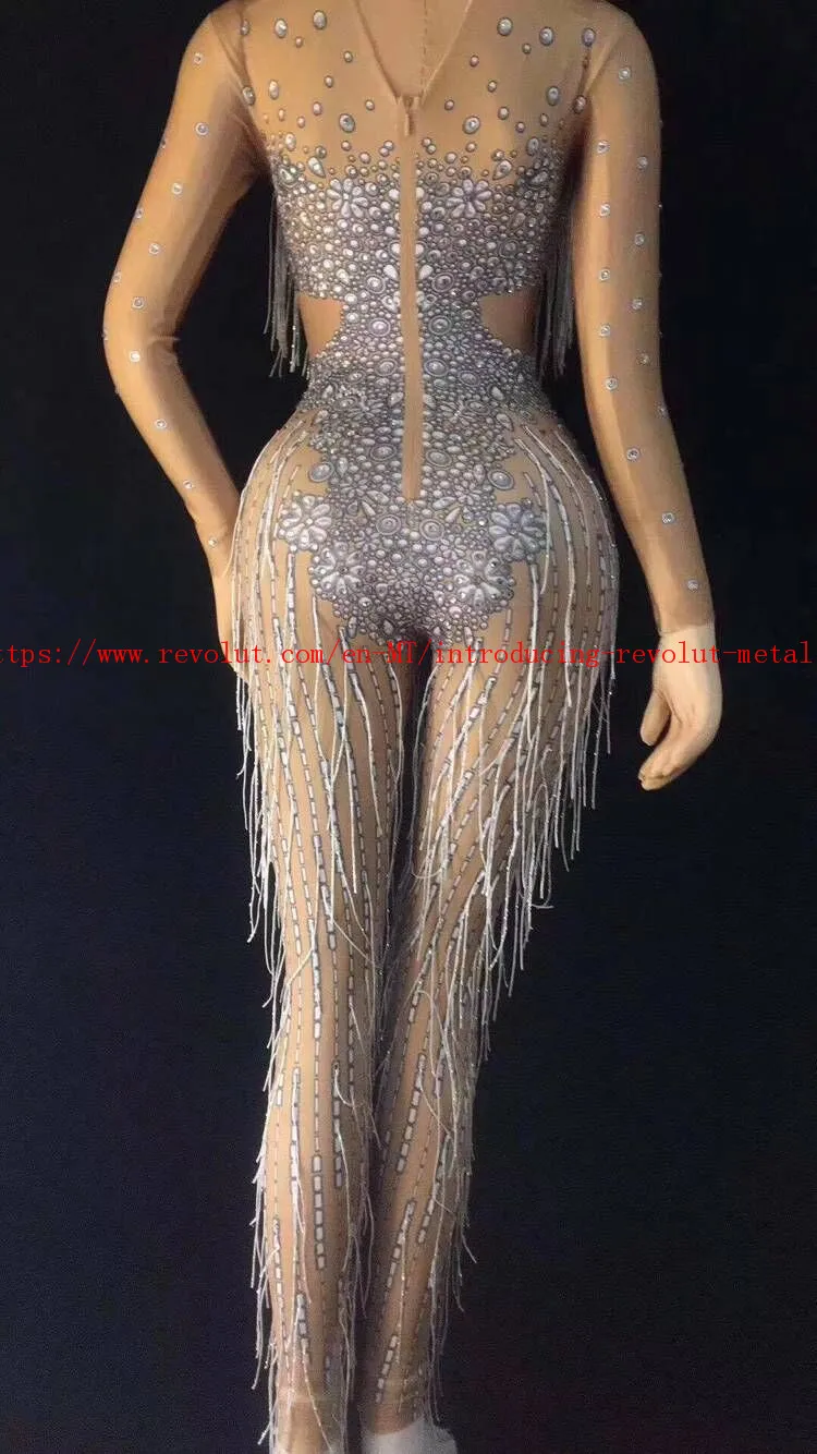 

High Quality Long Mesh Sleeve Beading Hollow Out Sexy Tassel Jumpsuit Club Party Jumpsuit