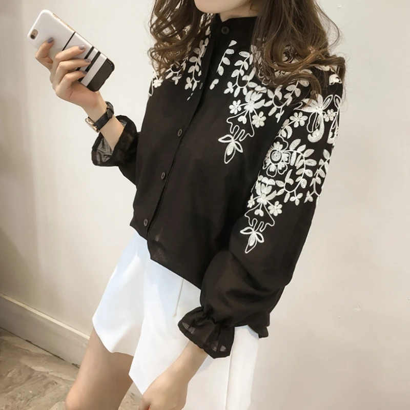 2018 модная женская одежда блузка с вышивкой рубашка хлопок корейский цветок