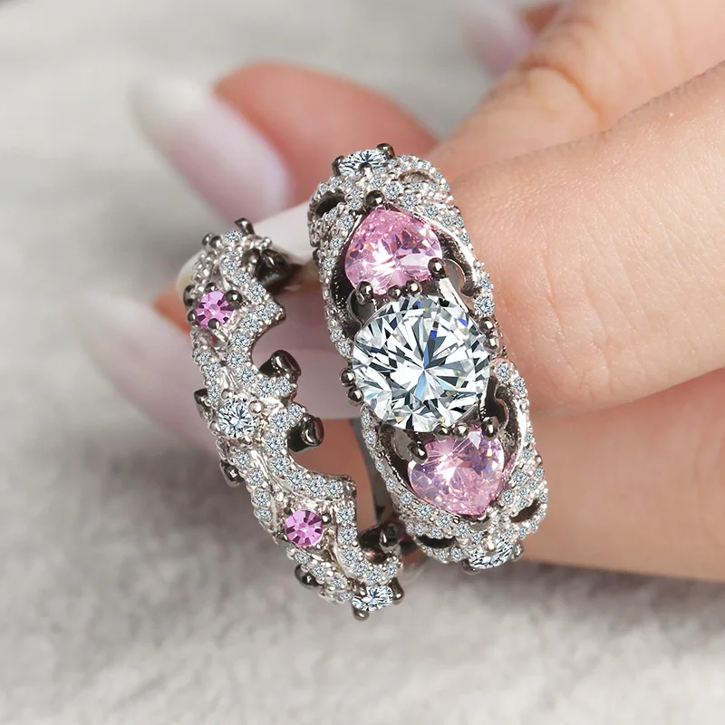 AMORUI винтажные любовные сердца Корона CZ свадебные кольца комплект ювелирных