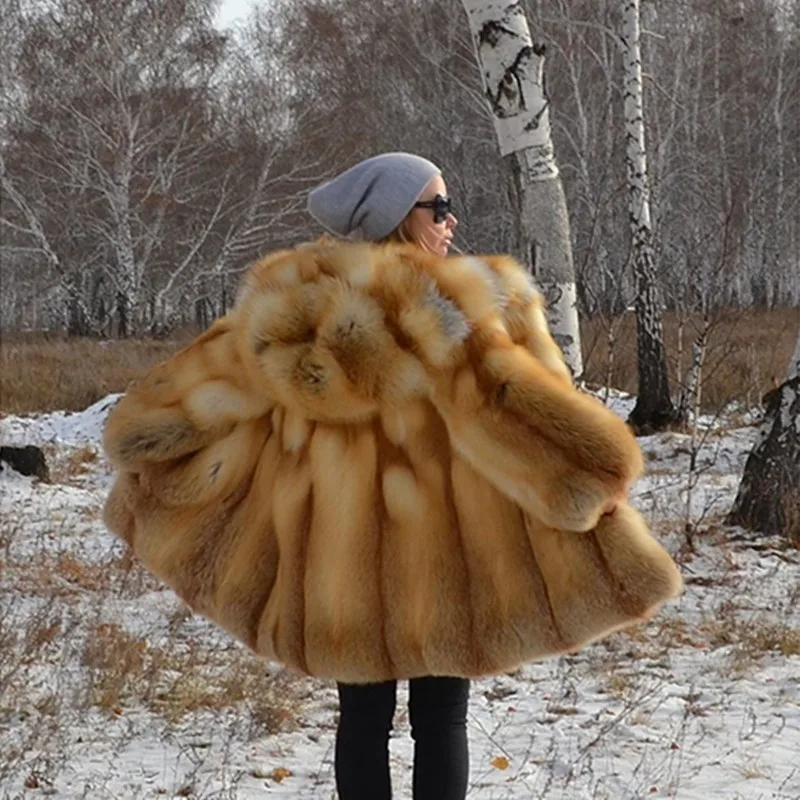 TOPFUR Роскошная модная шуба из натурального Лисьего меха женская куртка из натурального меха Золотой лисы с капюшоном Толстая настоящая русская Шуба в полоску