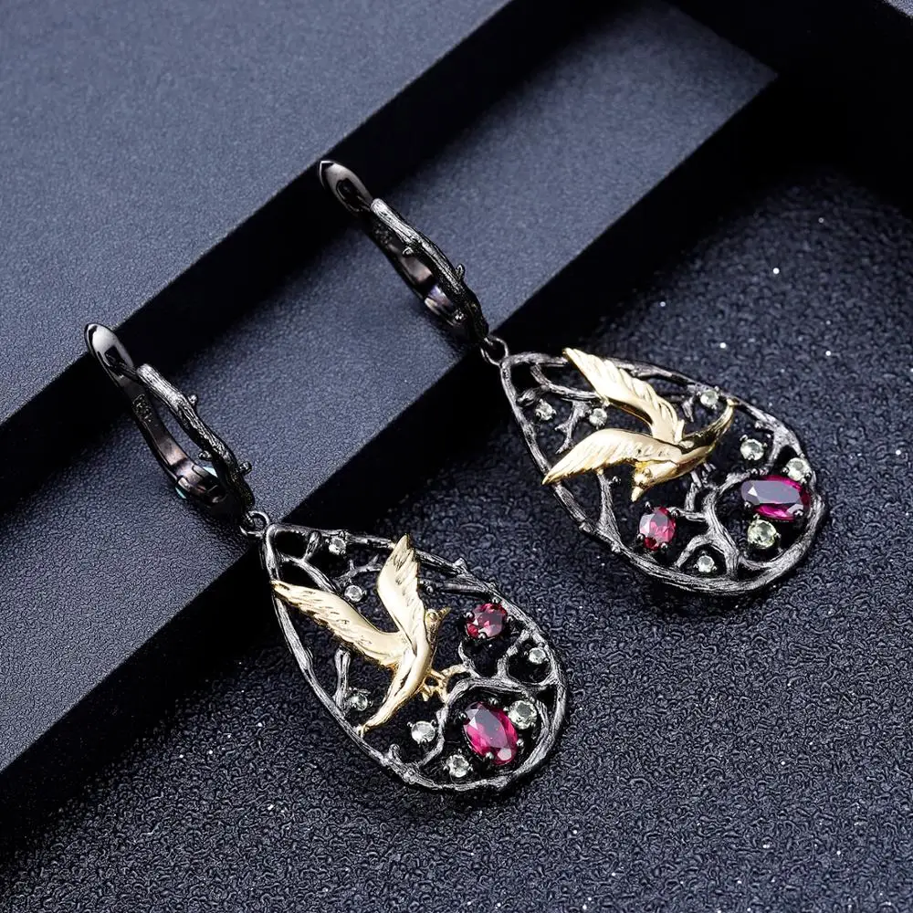 Женские свадебные серьги ветки GEM'S BALLET ручной работы с натуральным родолитовым