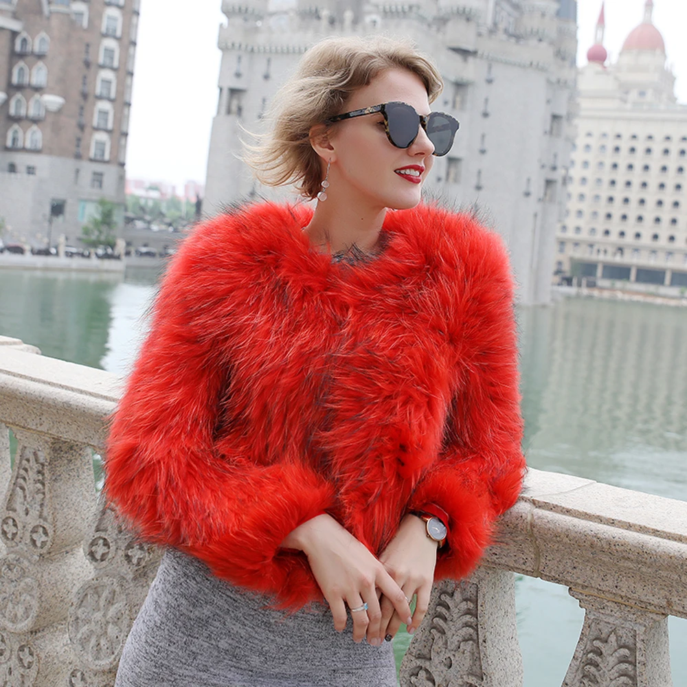 2019 Для женщин Реальные 100% Pure мех енота пальто вязаный из натуральной Меховая