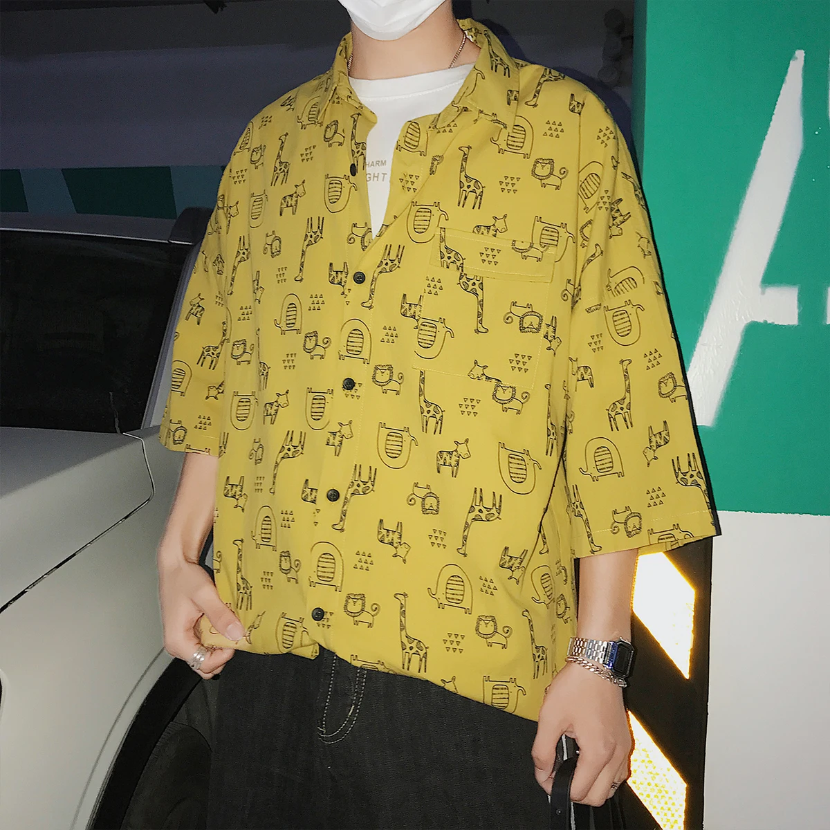 2018 Summer New Youth Popular Campus Wind Five Sleeve Body Cartoon Animal Print Loose Short-sleeved Shirt Leisure | Мужская одежда