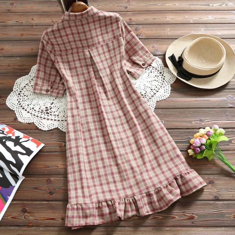 Женское клетчатое платье с коротким рукавом милое в корейском и японском стиле
