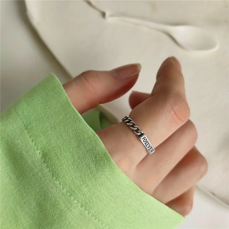 Antique 925 Sterling Silver Letters Rings For Women Men Minimalist Thin Ring Open Thai Silver Wedding Bands Engagement Ring Gift