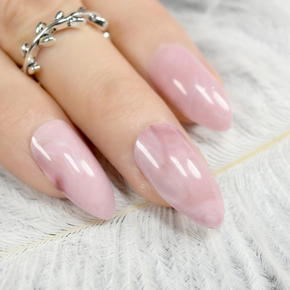Тонкие Мраморные накладные ногти светильник розовые искусственные с полным