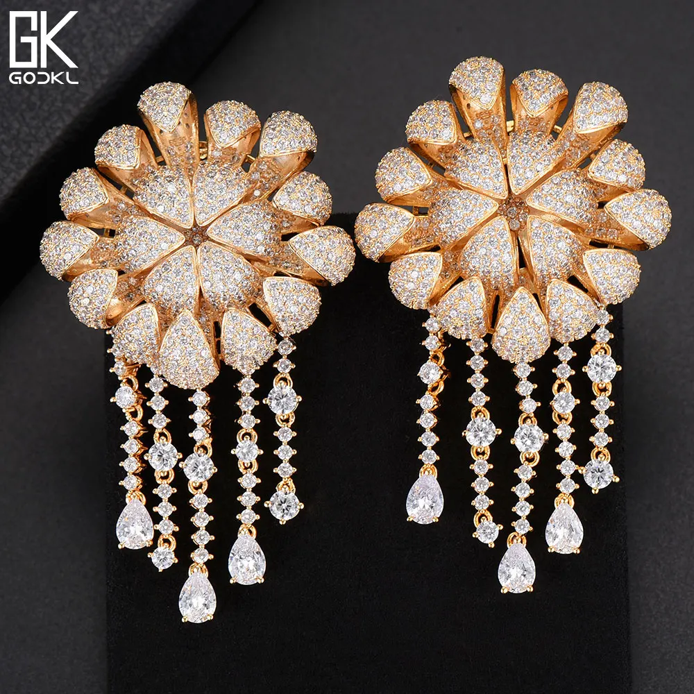 GODKI Luxury Daisy Flower Nigerian Tassels Long Dangle Earrings For Women Zircon Crystal African Indian Dubai Bridal Earring | Украшения и