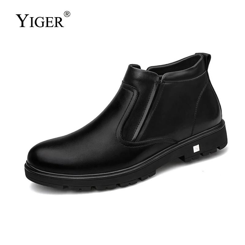 Мужские зимние ботинки YIGER теплые из натуральной кожи и хлопка на нескользящей