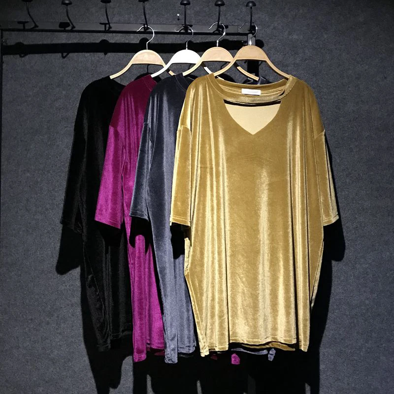 Весенняя женская футболка повседневная велюровая с коротким рукавом длинная