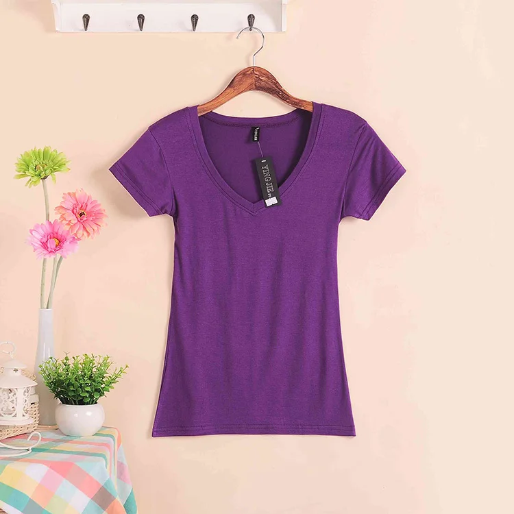 W00622 dark purple Горячая Распродажа, летние Стрейчевые новые женские футболки, MS, одноцветная футболка с коротким рукавом, Женская Модная хлопковая Футболка с v-образным вырезом W00622 - Цвет: W00622 dark purple